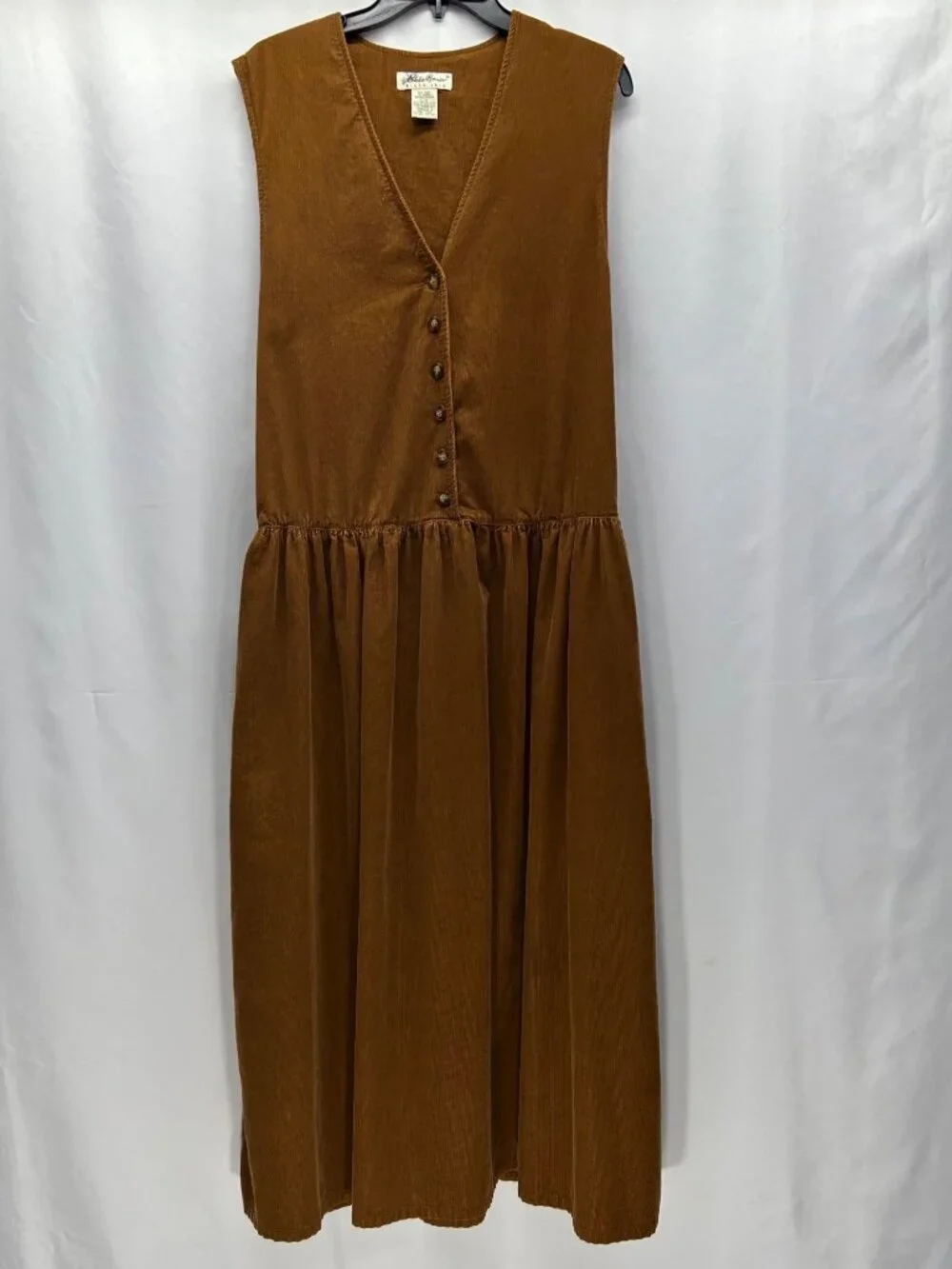 Vintage Eddie Bauer Brown Corduroy Sleeveless Button-Front Midi Dress Womens L - Picture 1 of 16